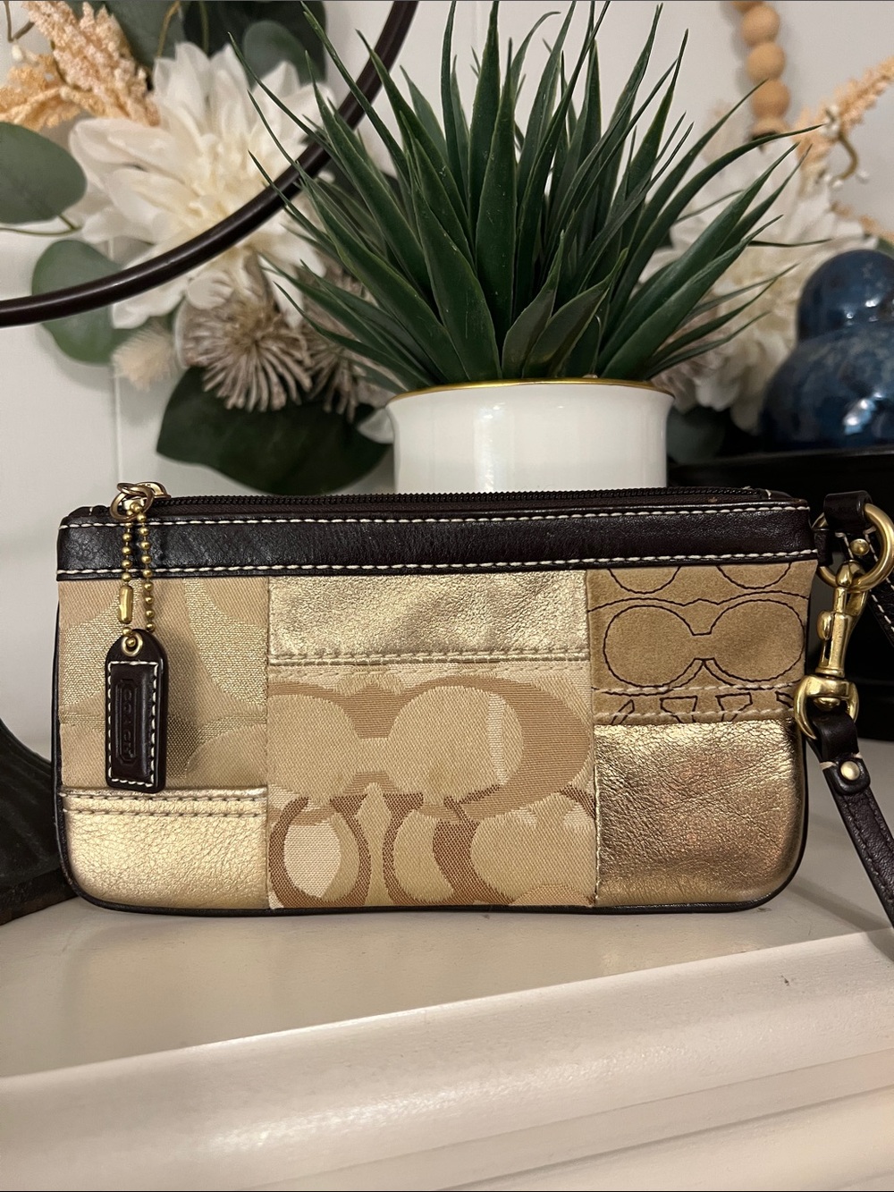 Coach Gold and Tan Patchwork Signature Wristlet